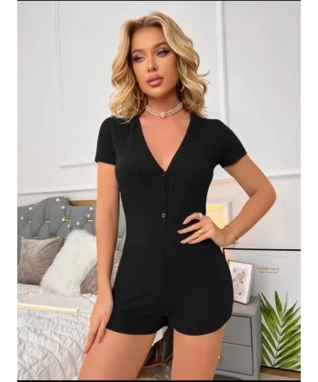 Kadın Kısa Kollu önü Düğmeli Mini Bodycon Fitilli Kaşkorse Tulum