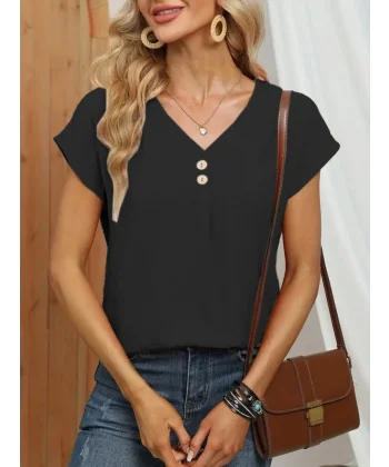 Kadın Kısa Kollu önü Düğmeli V Yaka Aerobin Bluz