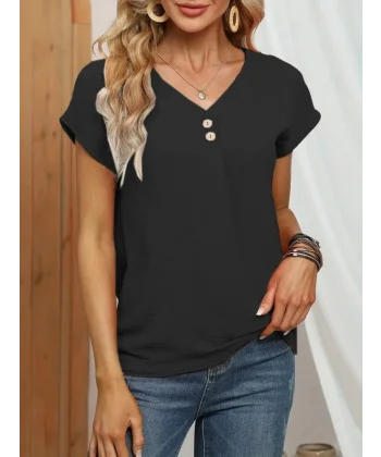 Kadın Kısa Kollu önü Düğmeli V Yaka Aerobin Bluz