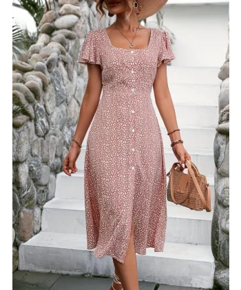 Kadın Kısa Kollu önü Düğmeli Volanlı Minik Leopar Desen Midi Viskon Elbise