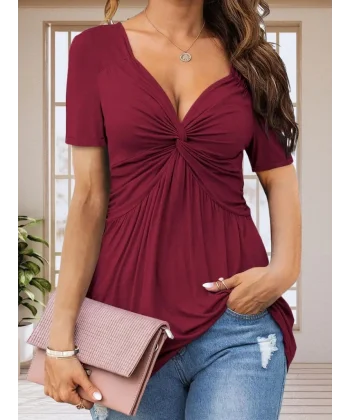 Kadın Kısa Kollu önü Düğüm Detay Viskon Bluz