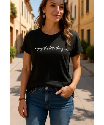 Kadın Kısa Kollu önü Yazı Baskılı Basic Süprem Bluz