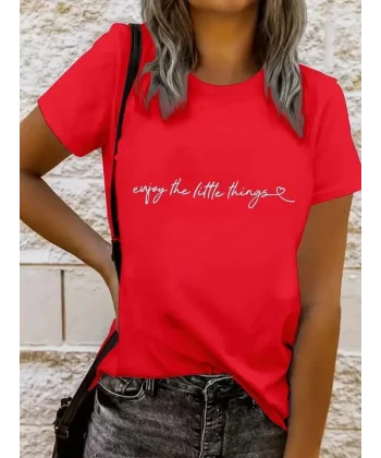 Kadın Kısa Kollu önü Yazı Baskılı Basic Süprem Bluz