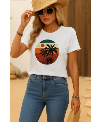 Kadın Kısa Kollu Palmiye Baskılı Viskon T-shirt