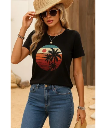 Kadın Kısa Kollu Palmiye Baskılı Viskon T-shirt