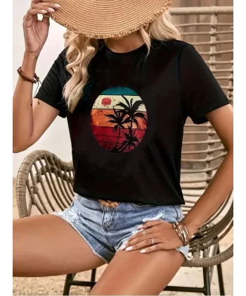Kadın Kısa Kollu Palmiye Baskılı Viskon Tshirt