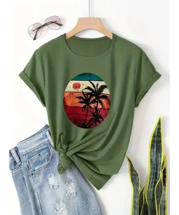 Kadın Kısa Kollu Palmiye Baskılı Viskon Tshirt