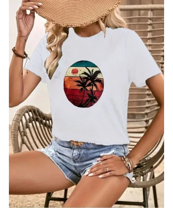 Kadın Kısa Kollu Palmiye Baskılı Viskon Tshirt