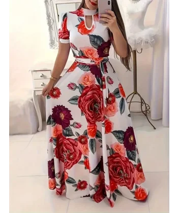 Kadın Kısa Kollu Pencere Detay Gül Baskılı Tam Boy Kiloş Elbise