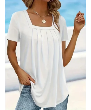 Kadın Kısa Kollu Pileli Kare Yaka Salaş Viskon Tshirt