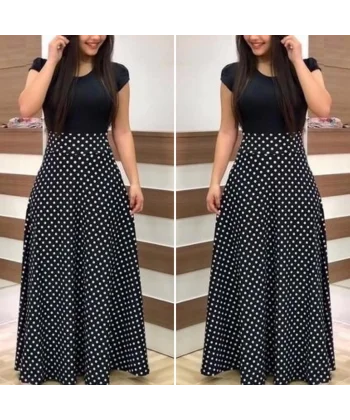 Kadın Kısa Kollu Puan Desen Tam Boy Krep Elbise