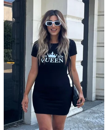 Kadın Kısa Kollu Queen Baskı Iki Iplik Mini Elbise