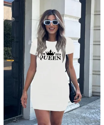 Kadın Kısa Kollu Queen Baskı Iki Iplik Mini Elbise