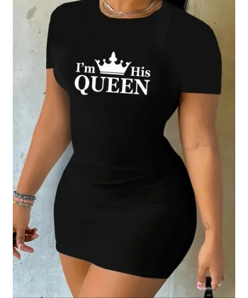 Kadın Kısa Kollu Queen Baskı Iki Iplik Mini Elbise