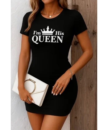 Kadın Kısa Kollu Queen Baskı Iki Iplik Mini Elbise