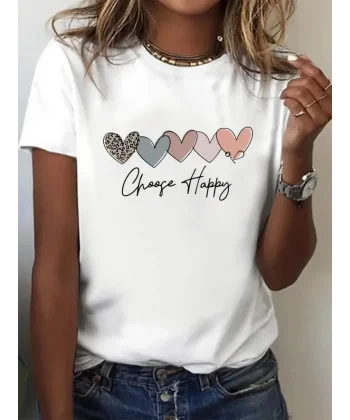 Kadın Kısa Kollu Renkli Kalp Baskılı Süprem Tshirt