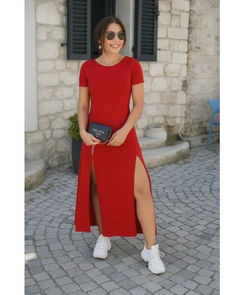 Kadın Kısa Kollu Sırt Dekolteli Yırtmaç Detaylı Viskon Elbise