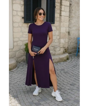 Kadın Kısa Kollu Sırt Dekolteli Yırtmaç Detaylı Viskon Elbise