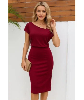 Kadın Kısa Kollu Tek Omuz Askı Ve Aksesuar Detay Beli Lastikli Krep Elbise