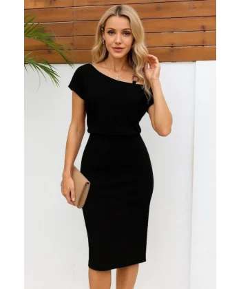 Kadın Kısa Kollu Tek Omuz Askı Ve Aksesuar Detay Beli Lastikli Krep Elbise