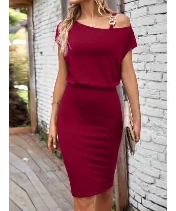 Kadın Kısa Kollu Tek Omuz Askı Ve Aksesuar Detay Beli Lastikli Krep Elbise