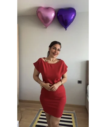 Kadın Kısa Kollu Tek Omuz Askı Ve Aksesuar Detay Beli Lastikli Krep Elbise