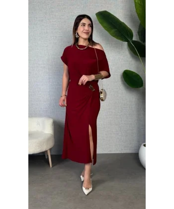 Kadın Kısa Kollu Tek Omuzdan Açık Beli Lastikli Sandy Maxi Elbise