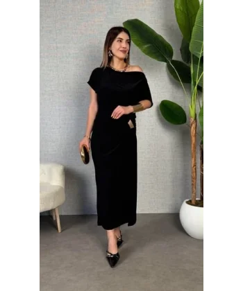 Kadın Kısa Kollu Tek Omuzdan Açık Beli Lastikli Sandy Maxi Elbise