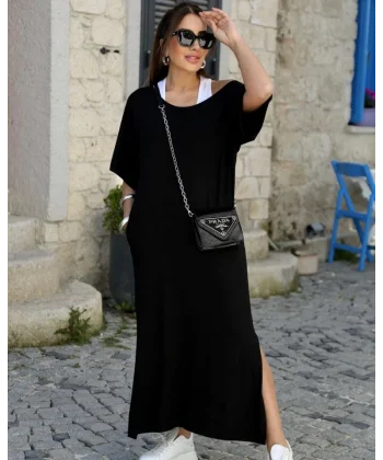 Kadın Kısa Kollu Tek Omuzu Açık Atletli Salaş Viskon Elbise