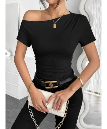 Kadın Kısa Kollu Tek Omuzu Açık Büzgülü Viskon Bluz