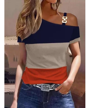 Kadın Kısa Kollu Tek Omuzu Açık Toka Detaylı çok Renkli Viskon Bluz