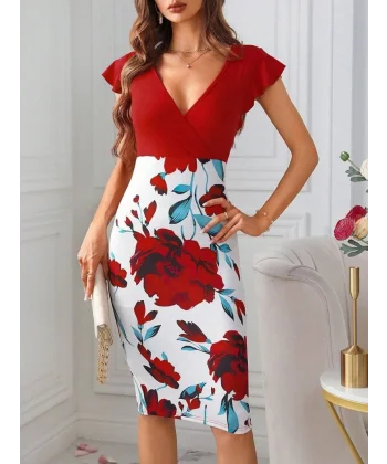 Kadın Kısa Kollu üstü Kırmızı Viskon Altı çiçek Baskılı Dalgıç Midi Elbise