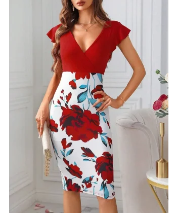 Kadın Kısa Kollu üstü Kırmızı Viskon Altı çiçek Baskılı Dalgıç Mini Elbise
