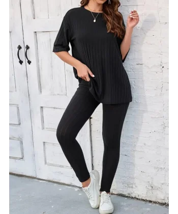 Kadın Kısa Kollu Uzun T-shirt Tayt Fitilli Kaşkorse Ikili Takım