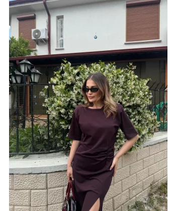 Kadın Kısa Kollu Uzun Yandan Yırtmaçlı Elbise - Bordo