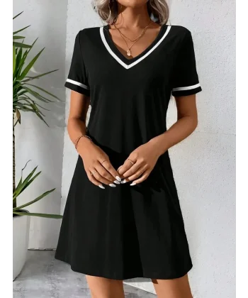 Kadın Kısa Kollu V çizgili Yakalı Kısa Viskon Elbise