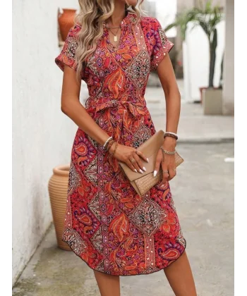 Kadın Kısa Kollu V Hakim Yaka Belden Kuşaklı Desenli Keten Elbise