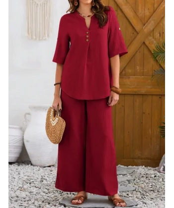 Kadın Kısa Kollu V Hakim Yaka Düğmeli Bürümcük Bluz Ve Pantolon Ikili Takım