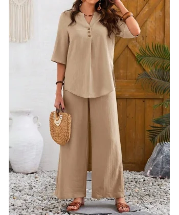Kadın Kısa Kollu V Hakim Yaka Düğmeli Bürümcük Bluz Ve Pantolon Ikili Takım