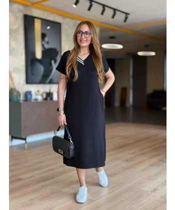 Kadın Kısa Kollu V Ribana Yakalı Yırtmaçlı Midi Viskon Iki Iplik Elbise