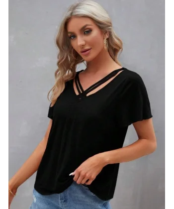 Kadın Kısa Kollu V şerit Yakalı Viskon Bluz