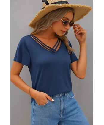 Kadın Kısa Kollu V şerit Yakalı Viskon Bluz