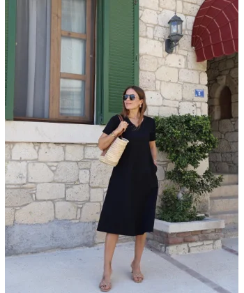 Kadın Kısa Kollu V Yaka Cepli A Kesim Detaylı Viskon Elbise