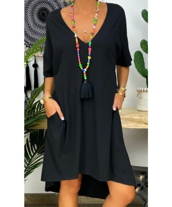 Kadın Kısa Kollu V Yaka Cepli Bürümcük Salaş Elbise