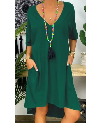 Kadın Kısa Kollu V Yaka Cepli Bürümcük Salaş Elbise