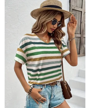 Kadın Kısa Kollu V Yaka çizgili Süprem T-shirt