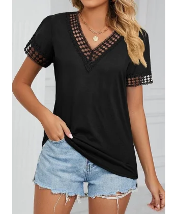 Kadın Kısa Kollu V Yaka Dantel Yakalı Viskon Bluz