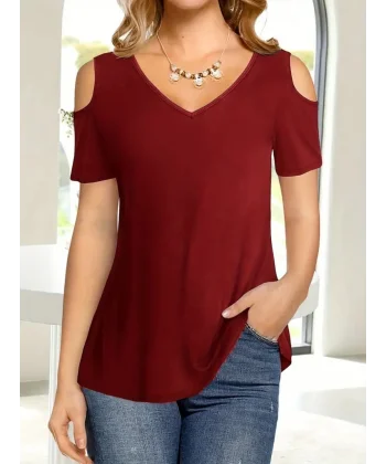 Kadın Kısa Kollu V Yaka Dekolte Omuz Detay Viskon Bluz