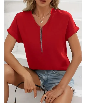 Kadın Kısa Kollu V Yaka Fermuarlı Salaş Sandy Bluz