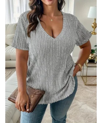 Kadın Kısa Kollu V Yaka Fitilli Kaşkorse Bluz